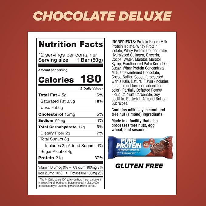 Pure Protein Chocolate Deluxe Protein Bars – 20g Protein, 3g Sugar, 190 Calories (12 count) Low Sugar* High Protein Snack - Gluten Free - Perfect for a Healthy Snack