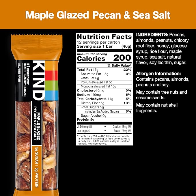KIND Nut Bars, Maple Glazed Pecan & Sea Salt, Healthy Snacks, Gluten Free, Low Sugar, 5g Protein, 12 Count