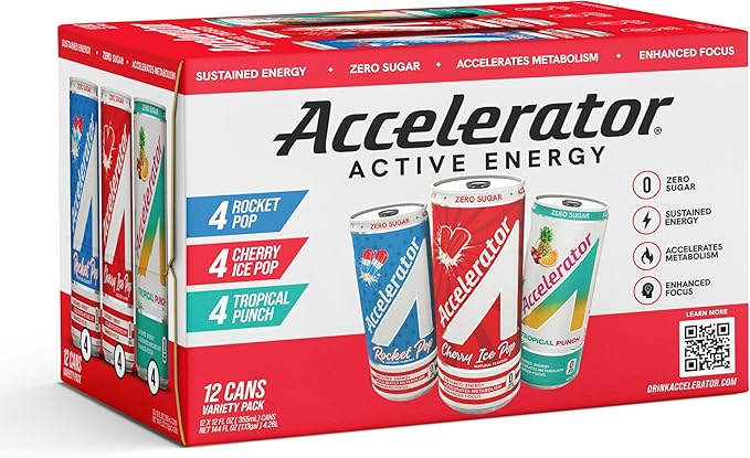 Accelerator Energy Drink, Variety Pack 12oz can (12 pack), Zero Sugar, Sustained Energy from 100% Natural Caffeine (200mg from Green Coffee Bean & Green Tea extract)