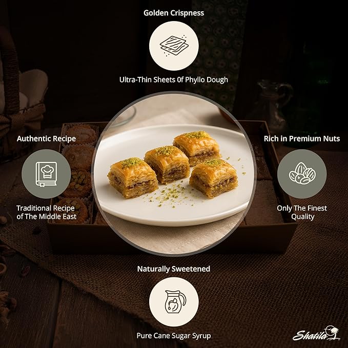 Shatila Food Products Baklawa, Mini Roses Cashews Baklava Pastry, Mediterranean Sweets Arabic Desserts, 66 Pieces