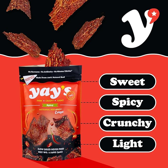Yay's Snacks Sweet and Spicy Beef Crisps | Crispy, Crunchy, High Protein Snacks | Spicy Beef Jerky with 24G Protein Snacks Per Bag | Healthy Meat Snacks Non-GMO, USA Made - 1 Packs (1.75 Oz Each)