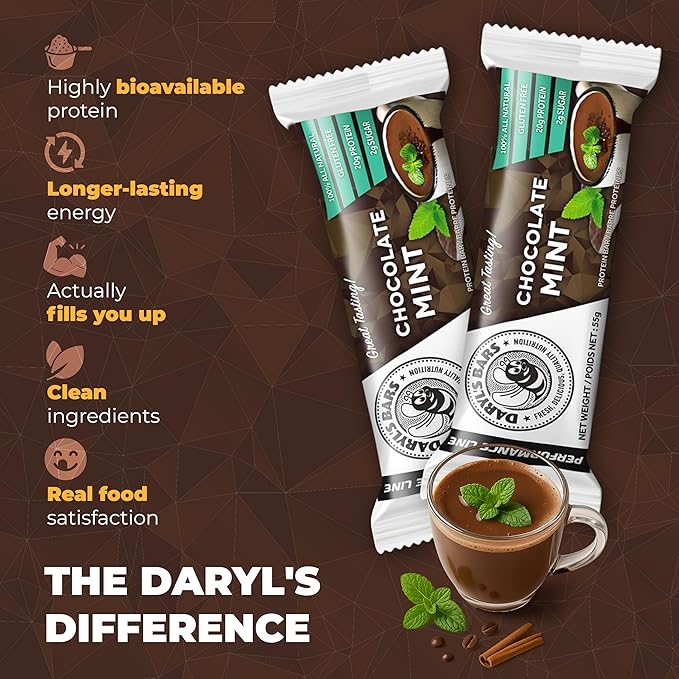 Daryl's Bars, Chocolate Mint On the Go Whey Protein Bars, Gluten Free, Low Sugar, 20gr of Protein Snack, Meal Replacement, Pack of 1