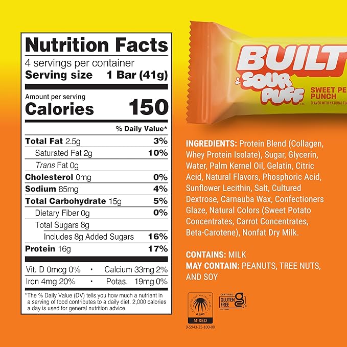 Built Bar, Sour Puff Protein Bars, Variety Pack, Collagen, On-the-go Snacks, Sour Candy, Mixed Sampler, 12 Pack