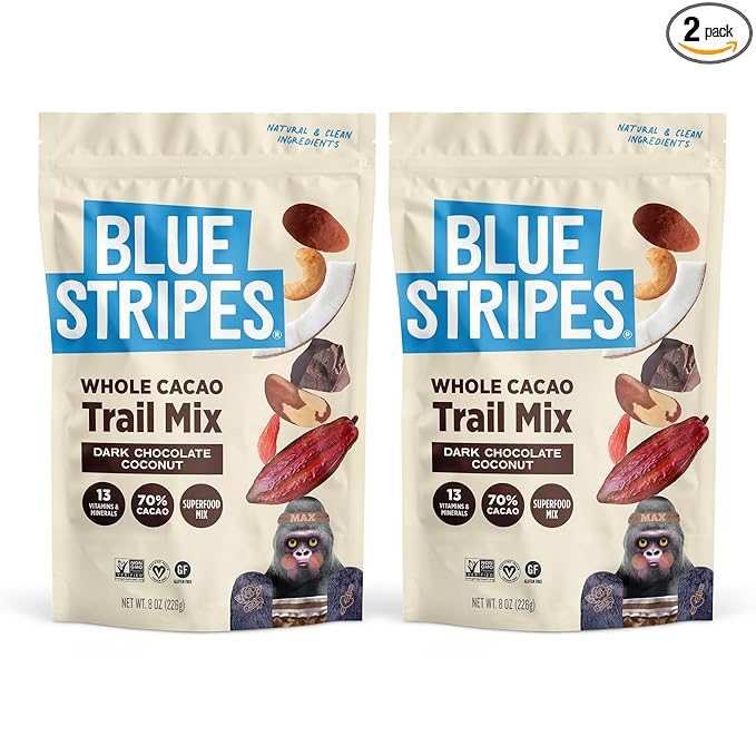 Blue Stripes - Trail Mix, Dark Chocolate Coconut, Mixed Nuts, Healthy Snacks for Adults, Cashews, Whole 70% Cacao, With Unrefined Sugar, Non GMO, Gluten Free, Vegan - 2 Pack, 8 oz