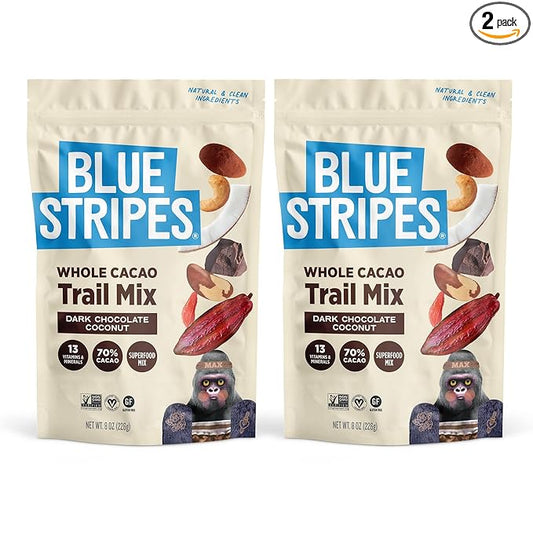 Blue Stripes - Trail Mix, Dark Chocolate Coconut, Mixed Nuts, Healthy Snacks for Adults, Cashews, Whole 70% Cacao, With Unrefined Sugar, Non GMO, Gluten Free, Vegan - 2 Pack, 8 oz