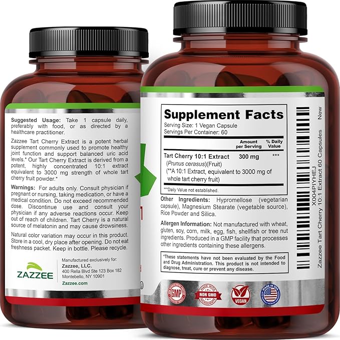 Zazzee Tart Cherry 10:1 Extract, 3000 mg Strength, 60 Vegan Capsules, 2 Month Supply, Certified Kosher, Concentrated and Standardized 10X Extract, 100% Vegetarian, All-Natural, Gluten Free, Non-GMO