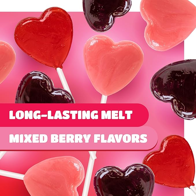Heart Shaped Lollipops - 90 Count - 2 Pound Pack - Individually Wrapped Valentines Candy - Berry Flavors - Heart Candy for Classrooms, Buffets & Gifting