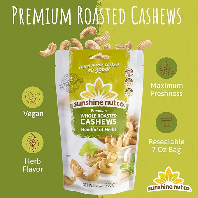 Sunshine Nut Company Whole Roasted Lightly Salted Cashews, Handful of Herbs Flavor, Single 7 oz. Bag, Gluten Free, Peanut Free and Vegan Individual Snack Packs for Kids and Adults, GMO Free