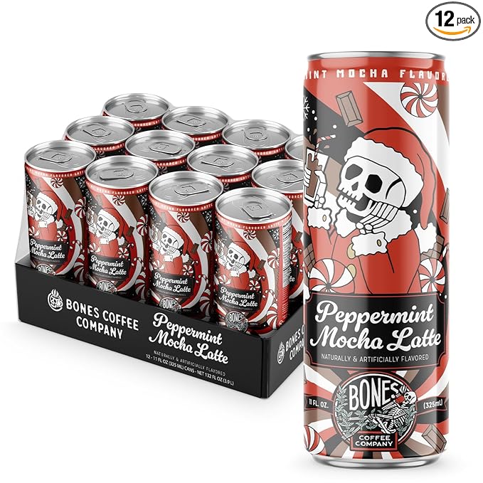 Bones Coffee Company Peppermint Mocha Latte Flavored Coffee, Medium Roast Ready To Drink Iced Coffee in Can, 11 Fl Oz Can (12 Pack)