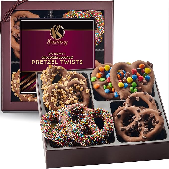 KREMERY Creamy Chocolate Cravings - Valentines Day Chocolate Covered Pretzel Twists Gift Basket, in Brown Gift Box (12 Pretzels, Assorted Sweet Toppings) Sweet Treats Food Arrangement, Kosher