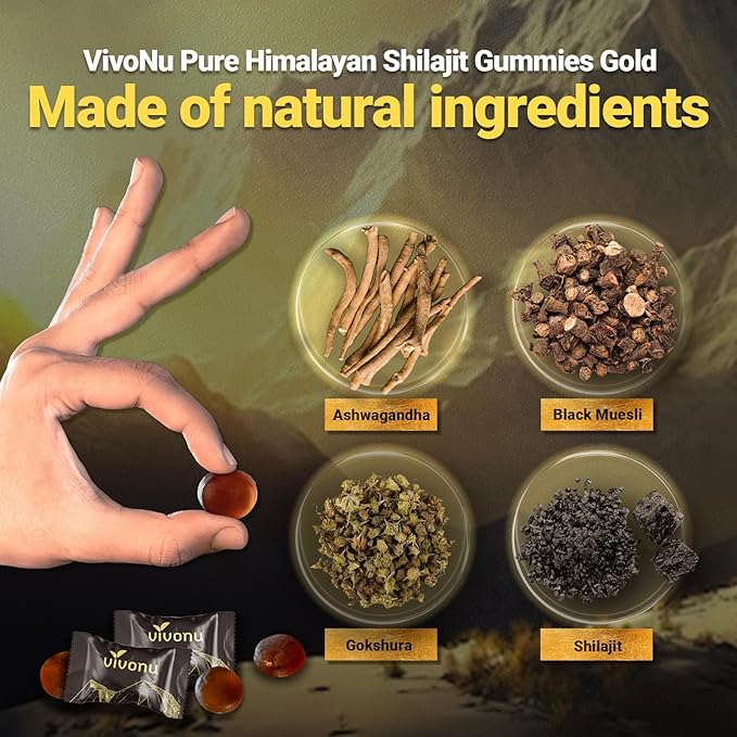 Shilajit Gummies with Ashwagandha & Gokshura | 85+ Trace Minerals & Fulvic Acid | Organic, Non-GMO Micronutrient Supplement for Men & Women | 100% Pure & Natural