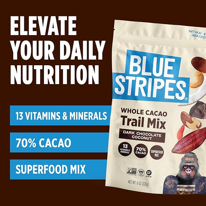 Blue Stripes - Trail Mix, Peanut Butter Banana, Dark Chocolate, Coconut, Nut Mix, Healthy Snacks for Adults, Variety Pack, Whole 70% Cacao, Unrefined Sugar, Non GMO, Gluten Free, Vegan - 3 Pack, 8 oz