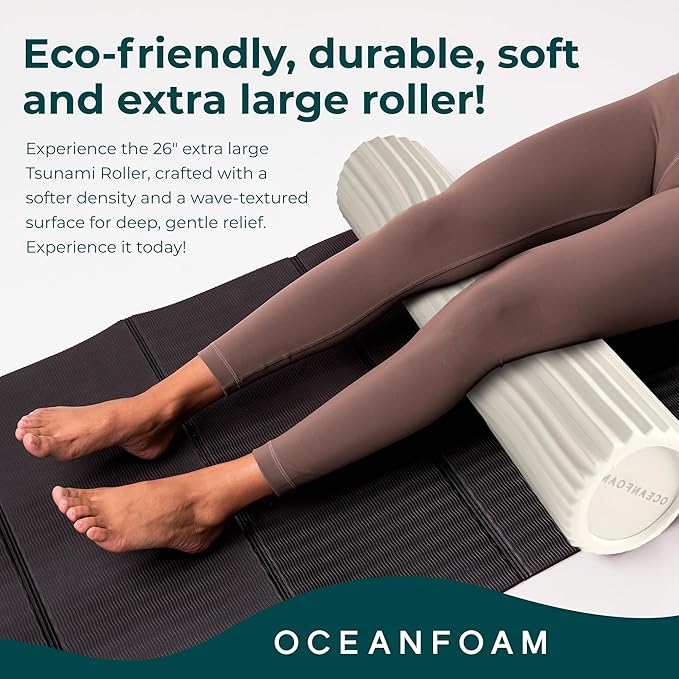 Oceanfoam Tsunami Roller (Natural) - Extra-Large, 26" x 5.9" - Soft, Textured Foam Roller for Physical Therapy, Back Pain, Exercise & Stretching - Wave Textured - Yoga, Athletics, & Wellness
