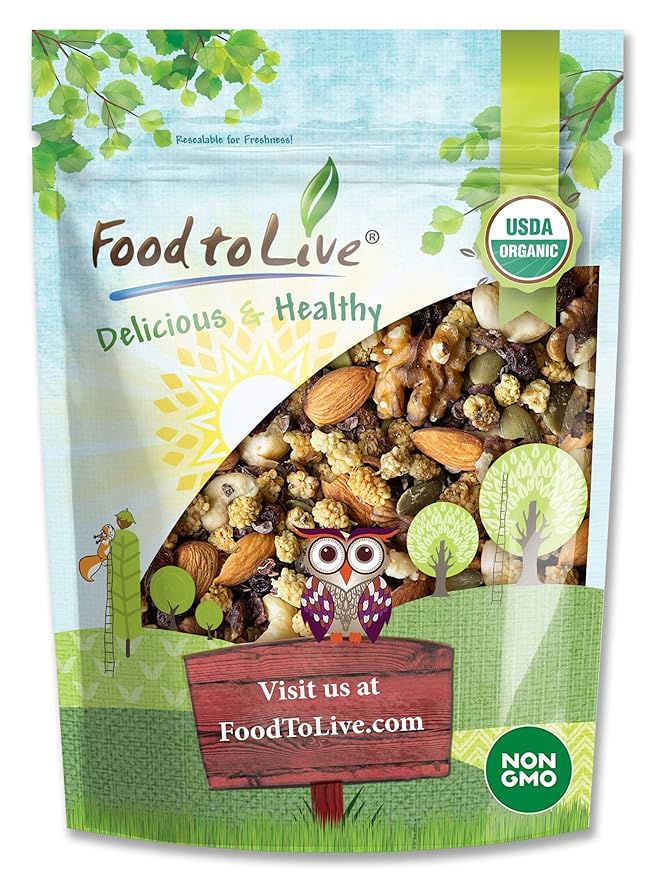 Food to Live - Organic Snack Wise Trail Mix, 1 Pound — Raw, Non-GMO, Mix Contains Cacao Nibs, Raisins, Almonds, Cashews, Walnuts, Mulberries, Pumpkin Seeds. Vegan, Kosher, No Added Sugar, Bulk