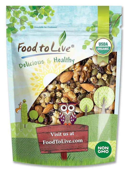 Food to Live - Organic Snack Wise Trail Mix, 1 Pound — Raw, Non-GMO, Mix Contains Cacao Nibs, Raisins, Almonds, Cashews, Walnuts, Mulberries, Pumpkin Seeds. Vegan, Kosher, No Added Sugar, Bulk