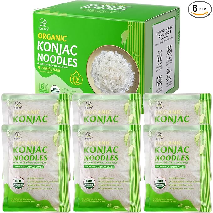 Soeos Organic Konjac Noodles, Angel Hair Pasta, 8.8 oz (250g)*6 Pack, Low Calorie, Low Carb, Keto and Paleo Friendly Shirataki Noodle, Gluten-Free, Fat Free, Sugar Free, Vegan