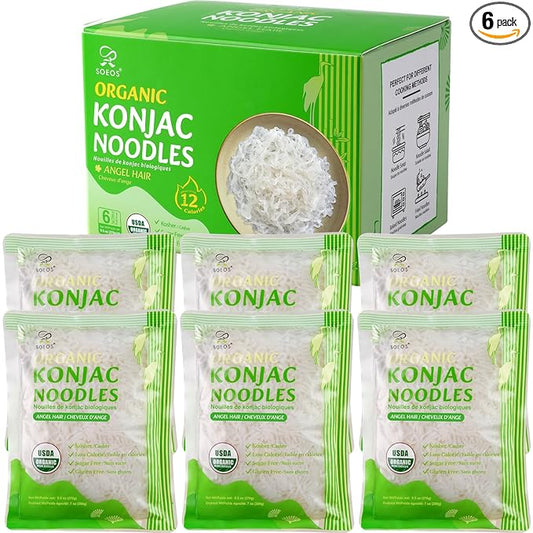 Soeos Organic Konjac Noodles, Angel Hair Pasta, 8.8 oz (250g)*6 Pack, Low Calorie, Low Carb, Keto and Paleo Friendly Shirataki Noodle, Gluten-Free, Fat Free, Sugar Free, Vegan