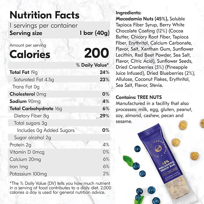House of Macadamias, Macadamia Snack Bars, Blueberry White Chocolate, 12 x 1.41oz - Keto, Vegan, Paleo, Gluten-Free, Sugar-Free, Dairy-Free, Healthy Snack Option