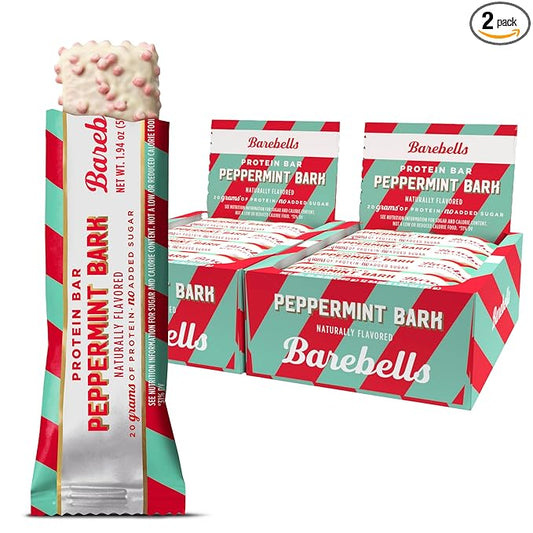 Barebells Protein Bars Peppermint Bark – 24 Count (Pack of 2), 20g Protein, Creamy Vanilla Nougat with 1g Sugar, White Chocolate Coated Snack for Breakfast or Post-Workout