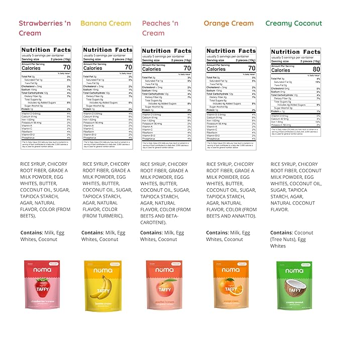 Numa Foods Nutritious Chewy & Creamy Candy Variety Pack - Low Sugar, All-Natural, Gluten Free, High Protein - 5 Bags of 10 Individually Wrapped Chews Each of Vanilla Banana Strawberry Coconut Coffee