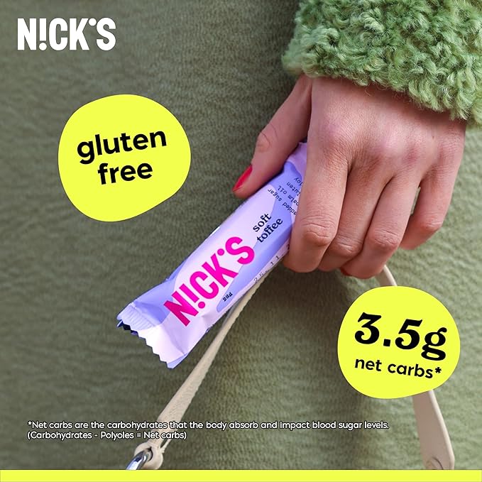 NICKS Soft Toffee Chocolate Candy Bar with Caramel Sauce Without Added Sugar,110 Calories, 3.5 Net Carbs, Gluten Free, Low Carb Candy – 15-Pack (28g Each)
