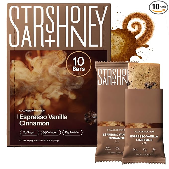 Stars + Honey Protein Bars - Espresso Vanilla Cinnamon,15g Protein, 2g Sugar, w/Collagen Keto Friendly Snack - Gluten, Dairy, Seed Oil, & Soy Free - High-Protein Snacks for Energy & Recovery -10 pack