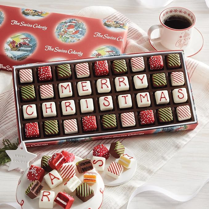 The Swiss Colony Merry Christmas Petits Fours Gourmet Mini Layer Cakes, Red Velvet, Strawberry, Double Chocolate, and Vanilla with Traditional Old Fashioned Candy Hard Candy, Raspberry Drops, and More