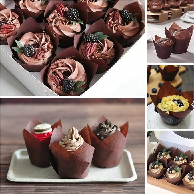 MyBakning Large size White+Brown Tulip Baking Cups 2-1/4"(Base diameter) x 4"(Wall height) Greaseproof paper baking cupcake Muffin liners, Case of 130 pcs