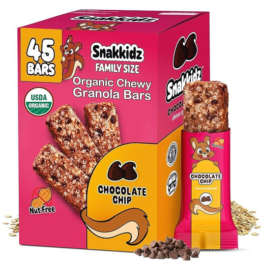 Snakkidz Organic Chewy Granola Bars for Kids, Allergen-Free, Nut-Free, Gluten-Free, Low Sugar Snack Bars Made with Avocado Oil, Individually Wrapped, School Lunch Snacks, Bulk Pack of 45, Chocolate Chip