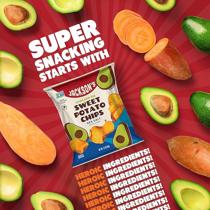 Jackson’s Sweet Potato Kettle Chips with Sea Salt made with Premium Avocado Oil (1.5 Ounce, Pack of 18) - Allergen-friendly, Gluten Free, Peanut Free, Vegan, Paleo Friendly - Shark Tank Product