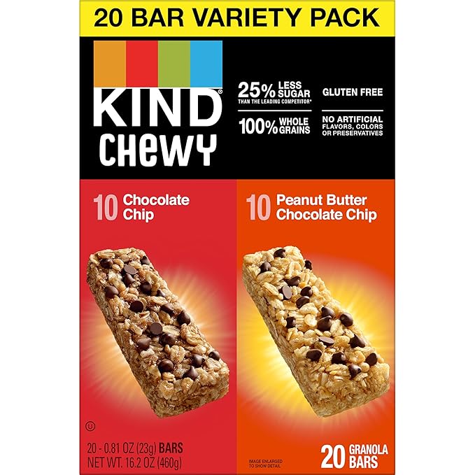 KIND Chewy Granola Bars, Variety Pack, Chocolate Chip and Peanut Butter Chocolate Chip, Gluten Free, 100 Calories, Whole Grains and Oats, 20 Count