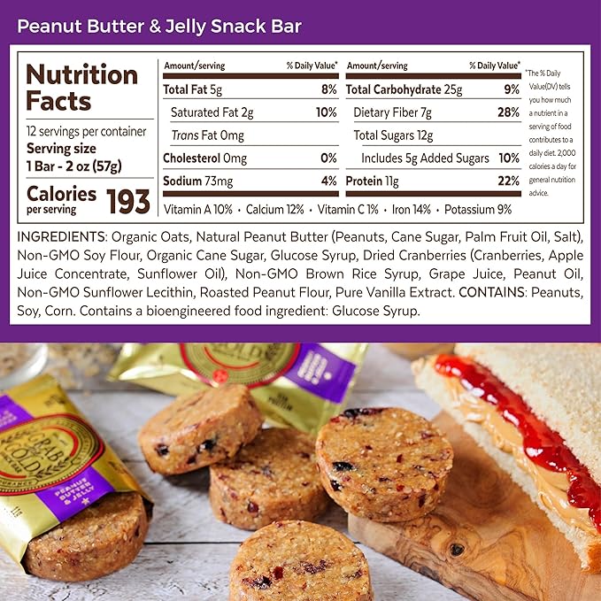 Grab The Gold Cranberries Peanut Butter & Jelly Protein Snack Bars | 11g Plant-Based Protein Bars with Organic Oats, Whole Food Nutrition | Gluten-Free, Vegan, High-Fiber | 14 Bars Amazon Exclusive