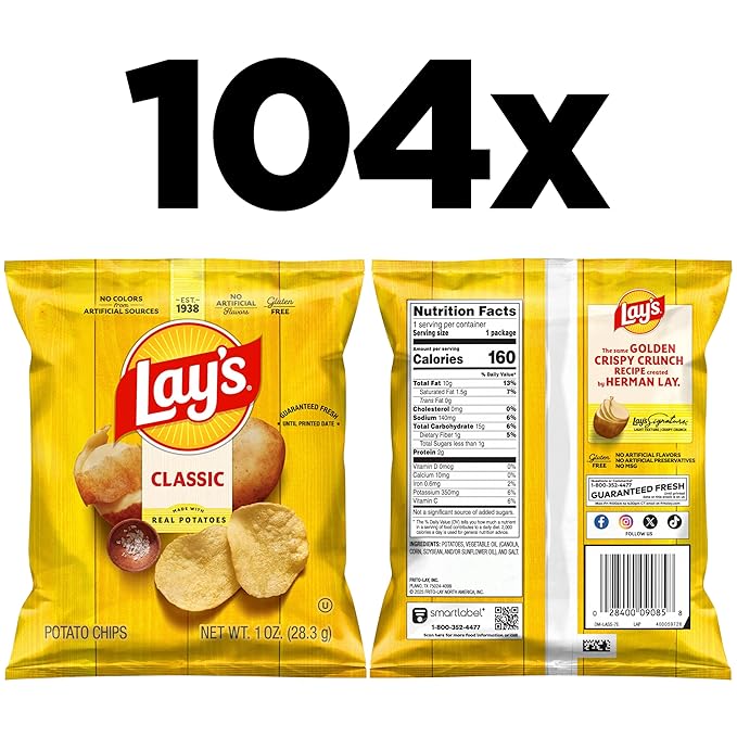 Lay's Potato Chips, Classic, 1 Ounce (Pack of 104)