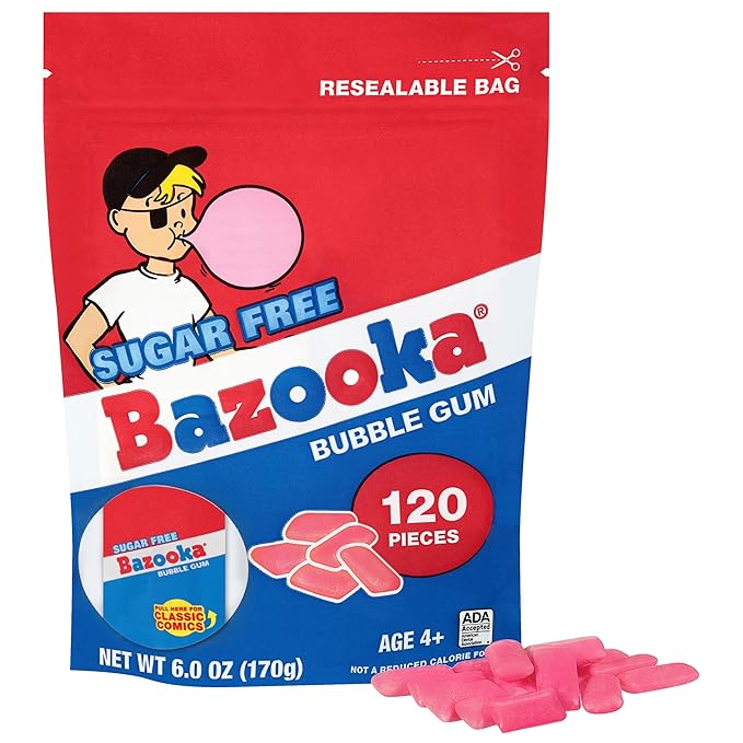 Bazooka New Sugar-Free Bulk Bubble Gum Pellets, Resealable Candy Bag for Sharing, Parties, Vintage Themes & More - Original Flavor, 120 Count Bag