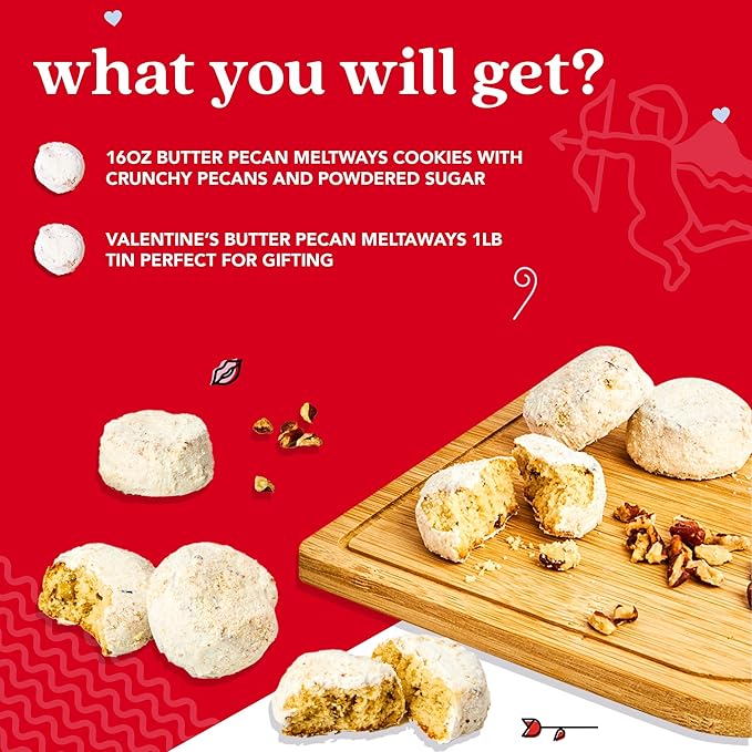 David’s Cookies Ideal Valentines Day Gift for Everyone – 16Oz Butter Pecan Meltaways Cookies with Crunchy Pecans and Powdered Sugar – Premium Fresh Ingredients – Comes with a Lovely Tin Box