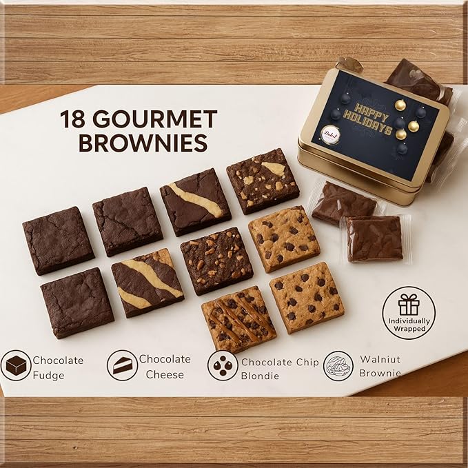 Holiday Gift Baskets - 18 Individually Wrapped Brownies Freshly Baked in a Variety of Flavors - Dulcet's Signature Flavored Fudge Brownies Christmas Gift Baskets for Families - Gift Box Comes with Season Greetings Card