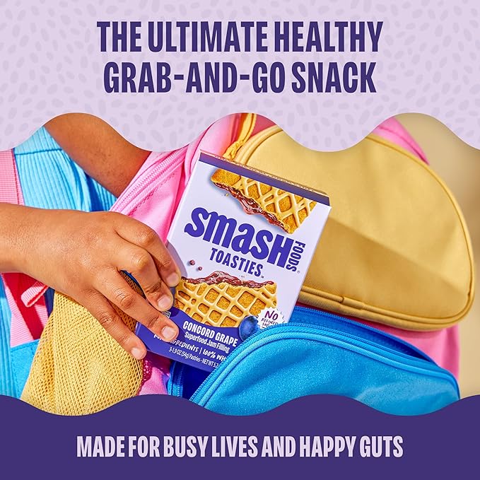 Smash Foods Toasties Variety 3 Pack – Healthy Whole Wheat Toaster Pastries Strawberry, Blueberry, Grape – No Refined Sugar, Real Fruit Filling – 9 Pastries Total – Non-GMO, Simple Real Ingredients (Grape)