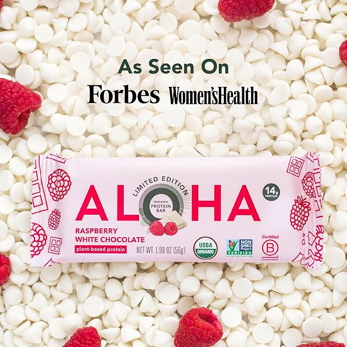 ALOHA Organic Plant Based Protein Bars | Raspberry White Chocolate | 12 Count, 1.98oz Bars | Vegan, Low Sugar, Gluten Free, Paleo, Low Carb, Non-GMO, Stevia Free, Soy Free, No Sugar Alcohol Sweeteners: LIMITED EDITION