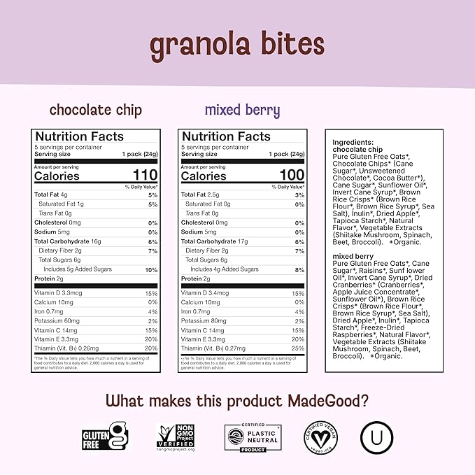 MadeGood Granola Bites Chocolate Chip & Mixed Berry Variety Pack (28 Count) Gluten Free and Organic Snacks
