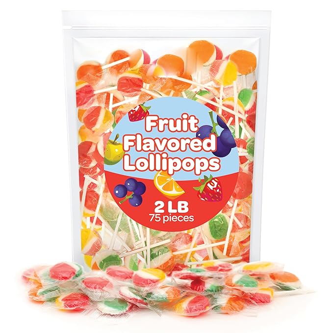Fruit Lollipops - 2 Pound Bulk Pack (80 Count) - Assorted Fruit Flavored Hard Candy - Hard Candy Individually Wrapped - Flat Suckers for Parties and Goodie Bags