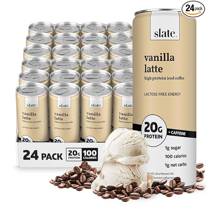 Slate Milk - High Protein Iced Coffee - Vanilla Latte - 175mg Caffeine, Lactose Free Energy - 20g Protein, 1g Sugar, 100 Calories, 1g Net Carbs, No Sugar Added - Protein Coffee - 11 fl oz, 24 Cans