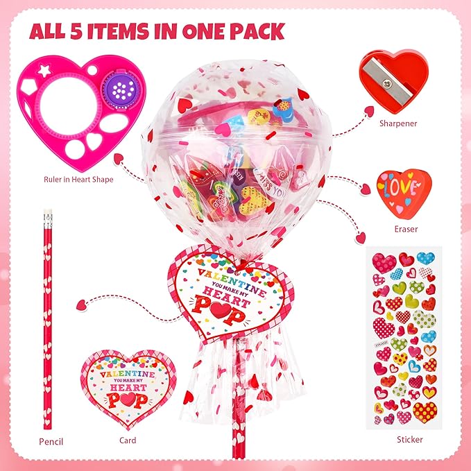POPGIFTU Candy-Free Valentine’s Day Gifts for Kids – 28 Pack Giant Lollipop Stationery Valentines Kit with Cards, Pencils, Erasers, Rulers & Stickers –Classroom Valentine Cards for School Party Favors