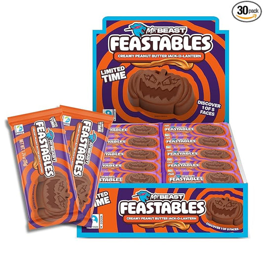 Feastables MrBeast Peanut Butter Jack-O-Lantern, Milk Chocolate & Creamy Peanut Butter Filling, Cups for Adults & Kids, Chocolate Candy for Halloween Snacks, Made With Fairtrade Cocoa, 30 Count