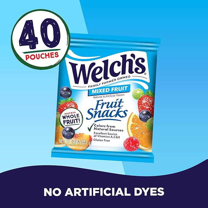 Welch's Fruit Snacks, Mixed Fruit Snack Box, Gluten Free, 0.8oz Snack Packs (Pack of 40)