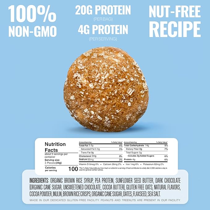 The Gluten Free Brothers Chocolate Chip Cookie Dough Nut Free Bites - Allergen Friendly, Gluten Free, Soy Free Protein Balls – Plant Based Vegan Non-GMO Snack Size Protein Energy Balls, 4 oz (4 Count)