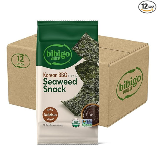 Bibigo Korean BBQ Flavor Seaweed Snack, Non GMO, Gluten Free, 0.35 Ounces (Pack Of 12)