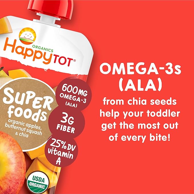 HAPPYTOT Organics Stage 4 Baby Food Pouches, Gluten Free, Vegan Snack, SuperFoods Fruit & Veggie Puree, Apples, Butternut Squash & Chia, 4.22 Ounce (Pack of 16)