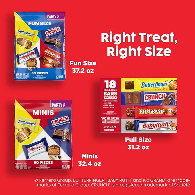 Butterfinger, CRUNCH, Baby Ruth, 100 Grand Minis, Assorted Candy Bars, Great for Sharing, Bulk 135 Count Pack, 55.3 oz