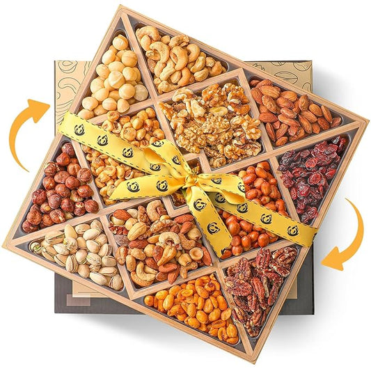 Gourmet Mixed Nuts Gift Basket with Lazy Susan in Sleek Bamboo Wood Reusable Platter | XL 2.5 lb Platter Includes 12 Assortments of Premium Nuts, Kosher