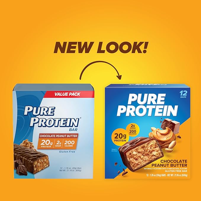 Pure Protein Chocolate Peanut Butter Protein Bars – 20g Protein, 3g Sugar, 190 Calories (12 count) Low Sugar* High Protein Snack - Gluten Free - Perfect for a Healthy Snack